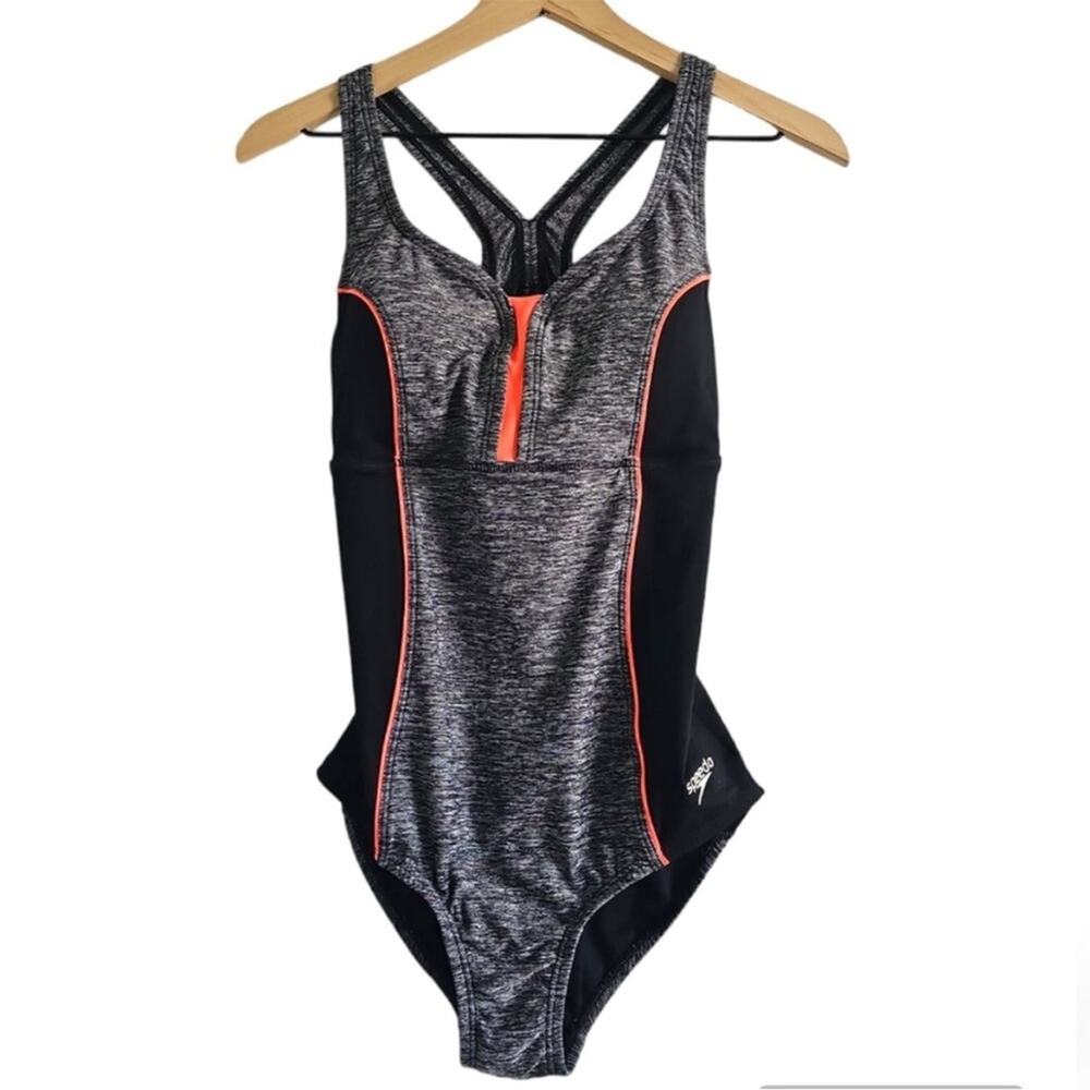 Speedo Slimming Gray Black Neon One Piece Swimsuit Size Medium EUC